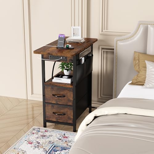 Yenlure Small Side Table with Charging Station, Narrow Nightstand Bedside Tables with Storage Pocket for Living Room Bedroom, Sofa End Table with USB Ports and Power Outlets for Small Spaces - Image 2