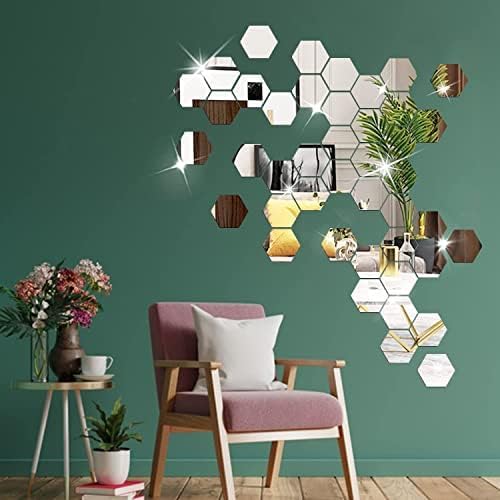 DIY Wall Decals Acrylic Mirror Sticker Set 36 Pcs, Hexagon Mirror Wall Stickers for Living Room Bedroom Decor (Silver) - Image 3