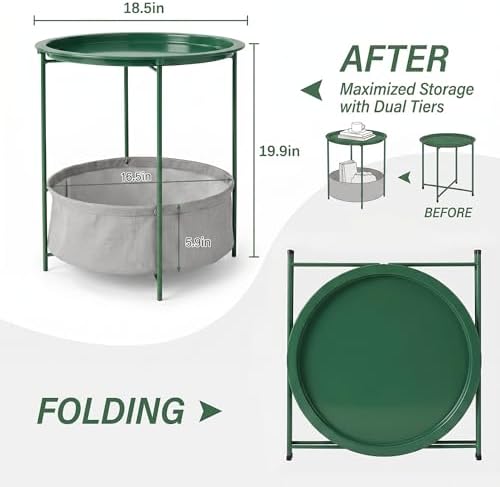 VECELO Round Side/End Table with Fabric Storage Basket，Metal Anti-Rust and Waterproof Small Bedside Nightstand with Removable Tray Top for Living Room，Balcony & Laundry，Dark Green /2pcs with Basket - Image 3