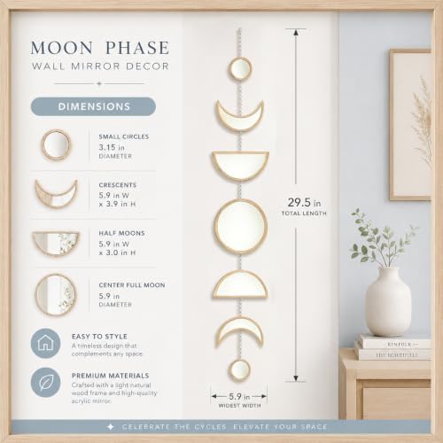 7 Pcs Gothic Witchy Moon Phase Wall Decor, Acrylic Mirror Wooden Backboard, Celestial Boho Hanging Wall Art for Home Bedroom Decor - Image 2