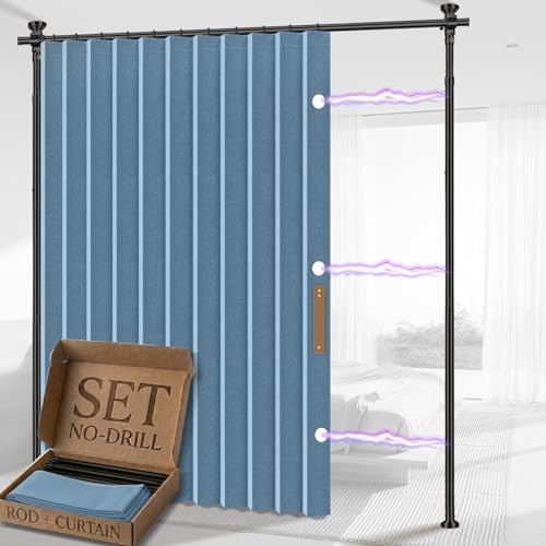 AJAZZ Room Divider Curtain (Blue, W100 x L84 in, 1 Panel)+ Tension Curtain Rod No Drilling (H) 43-120×(W) 35-100 in, for Privacy/Soundproof Curtains, Heavy Duty Wall Separator by AJAZZ