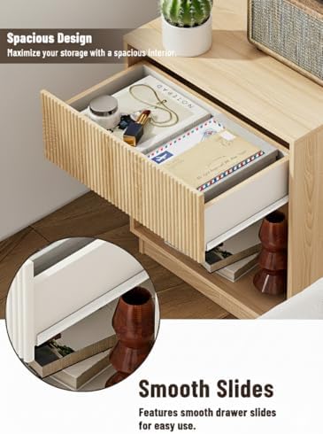 Fluted Nightstands Set of 2, Modern Bedside Table with Storage Drawer and Open Wood Shelf, Wood End Table Mid Century Night Stands for Bedroom Living Room Sofa Couch Office Oak - Image 3