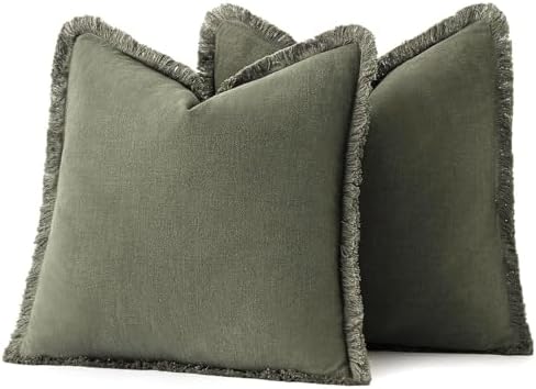 MIULEE Boho Linen Fringe Decorative Throw Pillow Covers Olive Green 18x18 - Image 6