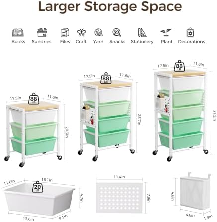 Rolling Cart with 5 Drawers, Plastic Drawer Storage Carts with Wheels & Wooden Tabletop, Metal Utility Cart with Pegboards, Office Living Room Classroom Craft Organization and Storage, Bright Green - Image 3