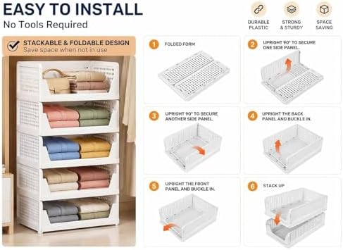 5 Pack Stackable Closet Storage Basket - Stackable Storage Bins, Multifunctional & Foldable Closet Organizer Waterproof, bathroom cabinet organizer,rv closet shelves, white stackable storage bins - Image 6