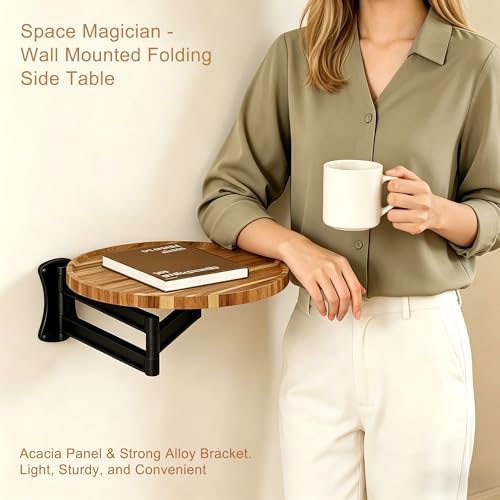 Wall Mounted Folding Table,11" Acacia Bedside Shelf Wall Mount Floating Wall Desk with 36 LBS Capacity for Small Spaces,Round Wood Tabletop with 720° Rotatable Aluminum Alloy Brackets - Image 5