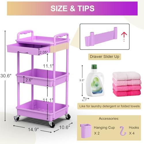 Goovilla 3 Tier Rolling Utility Cart Organizer with Removable Drawer,Purple - Image 4