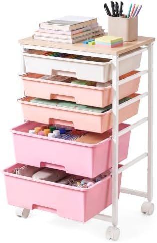VASAGLE Rolling Cart with Drawers,5 Drawers Storage Cart, Pink by VASAGLEbySONGMICSHOME