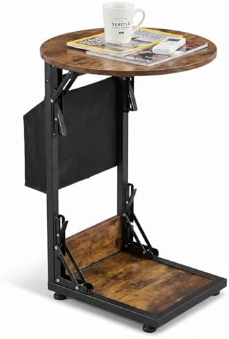 Foldable C Shaped End Table, 15.7" Couch Side Table with Storage Pocket, Slides Under Sofa by Unknown