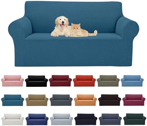 Cupuamon 2026 New Stretch Loveseat Sofa Slipcovers Couch Cover for 2 Cushion Furniture Protector Sofa Covers with Elastic Bottom Jacquard Fabric Small Checks for Pets, Kids - Peacock Blue by Cupuamon