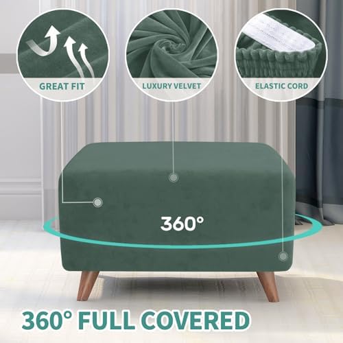 MAXIJIN Velvet Ottoman Cover Rectangular Stretch Square Ottoman Covers Slipcover Rectangle Washable Foot Stool Cover Thick Storage Protector with Elastic Bottom (Ottoman Large, Pea Green) - Image 4
