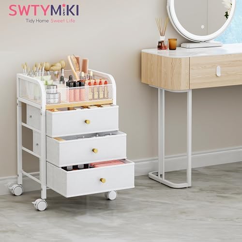 SWTYMIKI Rolling Makeup Organizer Cart - 14.96″*11.81″*23.03″ Widened Under Desk Vanity Storage with 3 Non-woven Drawers, Cosmetic Display Cases for Skin Care Perfume Nail Polish Brush Hair Tool White - Image 7