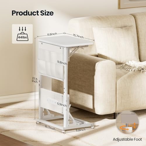 HLDIRECT C Shaped End Table with Charging Station & Storage Bag White - Image 3