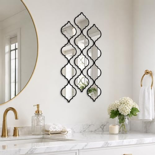 12PCS Moroccan Style Acrylic Wall Mirror Panels, Self-Adhesive Decorative Mirror Tiles for Bathroom, Living Room, Entryway Accent Wall, Lightweight Shatterproof Home Wall Decor (Black) by YOORORO