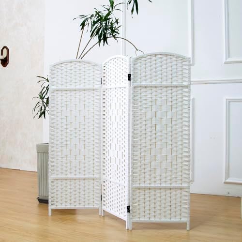 Furnnylane 3 Panel Rattan Divider Short Room Partition Screen,Double Sided Folding Divider for Room Separation,White,47.2" H x 47.2" W by Furnnylane