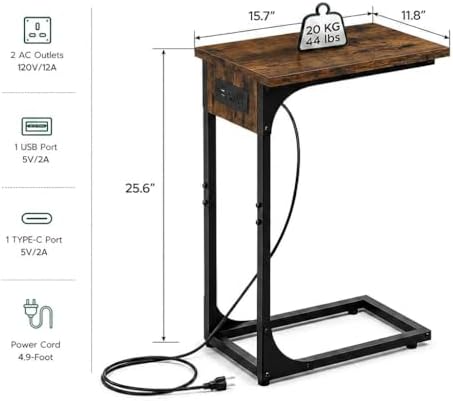 TEMI C Shaped End Table for Couch with Charging Station, Small Side Table TV Tray for Eating or Laptop, Accent Desk for Sofa or Chair, Space Saving Living Room Bedroom, Rustic Brown - Image 2
