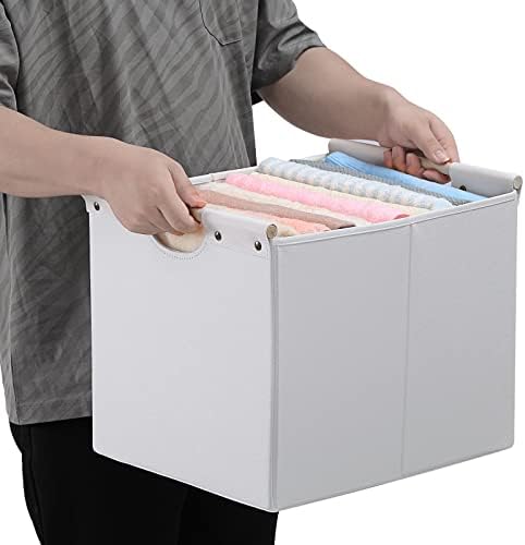 HOONEX Large Collapsible Storage Bins, Linen Fabric, Pack of 2, Storage Baskets with Wooden Carry Handles and Sturdy Heavy Cardboard, for Home, Office, Car, Nursery, White - Image 6