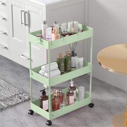 SPACELEAD 3 Tier Rolling Cart with Wheels, Storage Craft Art Trolley Organizer Serving, 3 Hanging Baskets Easy Assembly, for Office, Living Room, Kitchen, Green by Home
