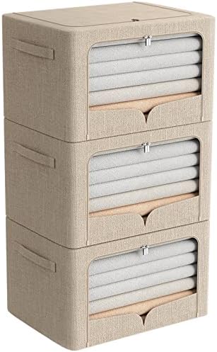 FHSQX 3 Pack Clothes Storage Bins Foldable Metal Frame Storage Box Extra Large Stackable Linen Fabric Organizer Set with Carrying Handles and Clear Window (Beige, 23.6x16.5x15.7inch(100L)) by FHSQX