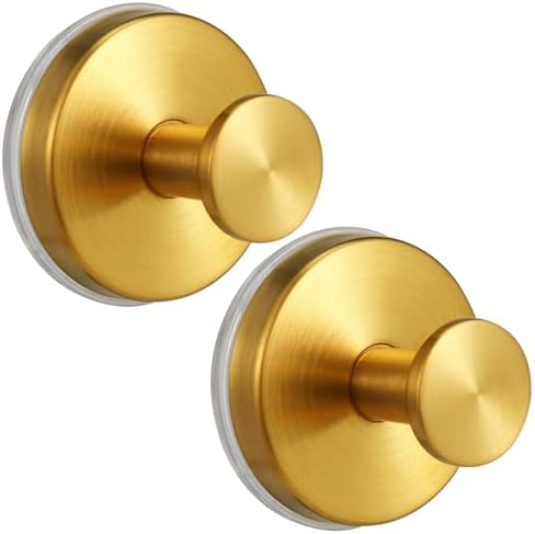 Large Suction Cup Hooks, Heavy Duty 15lb Holds Towel & Robe, No-Drill Shower Bathroom Hooks for Tile Wall Glass Mirror, Mounts on Smooth Non-Porous Surfaces(2 Pack, Brushed Gold) by Fenas