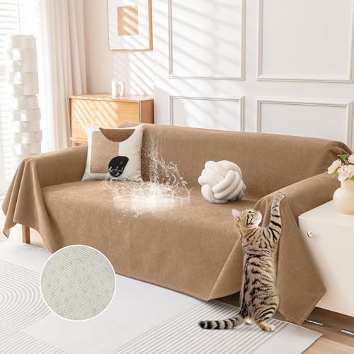 Deep Dream Cat-Scratch Resistant Couch Cover, Waterproof Sofa Cover for 3 Cushion Couch Washable, Pet Friendly Couch Protectors Anti Slip Thickened Sofa Slipcovers for Dogs Pets, 91" x 134", Brown by DeepDream