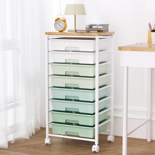 Rolling Cart with 8 Drawers, Storage Drawers Cart with Wooden Tabletop and Lockable Wheels, Craft Storage for Living Room, Office, Classroom, Craft Room, Bedroom by Unknown
