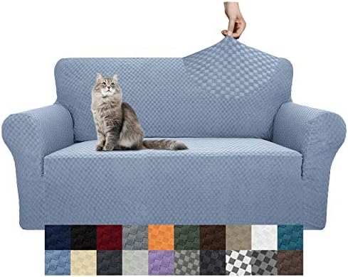 YEMYHOM Couch Cover Latest Jacquard Design High Stretch Sofa Covers for 2 Cushion Couch, Pet Dog Cat Proof Loveseat Slipcover Non Slip Magic Elastic Furniture Protector (Medium, Light Blue) by YEMYHOM