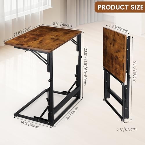 Folding Side Table, Adjustable C-Shaped End Table for Couch, Metal Frame TV Tray Table for Sofa Living Bedroom Bedside Coffee Small Spaces (Brown, 23.6" L x 15.8" W) - Image 2