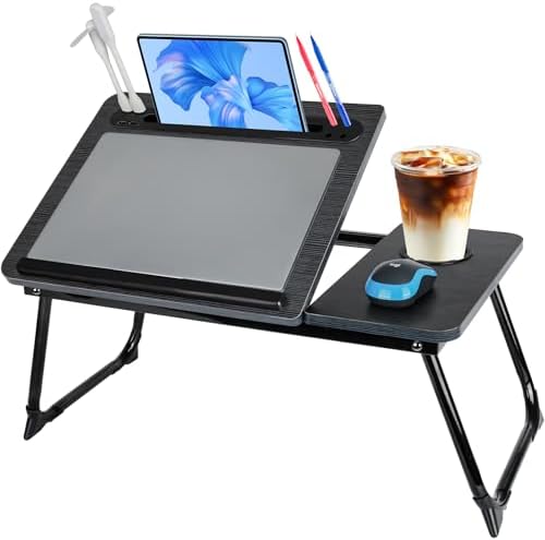 Laptop Bed Desk, Adjustable Lap Desk, Small Laptop Table with USB Charge Port, Desktop Card &Pen Slot, Cup Holder, Foldable Bed Tray Table for Couch Sofa Chair Floor Eating Working by CSYY