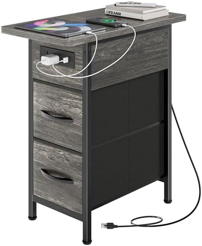 Huuger Narrow End Table with Charging Station, Side Table with 2 Drawers by Huuger