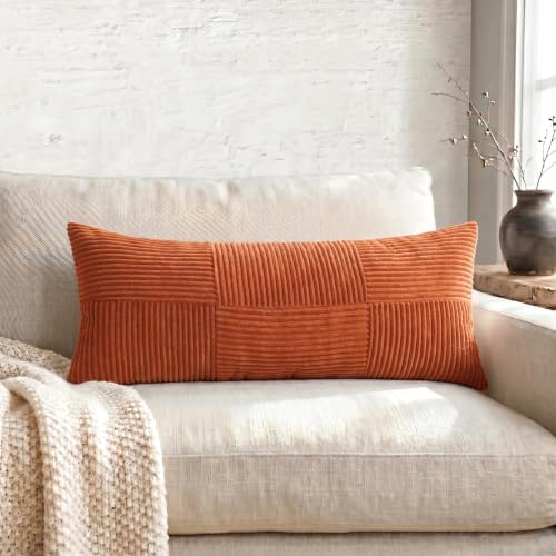 Fancy Homi Set of 2 Burnt Orange Boho Long Lumbar Body Decorative Throw Pillow Cover 14x36 Inch for Bed Couch Bedroom Bench, Soft Patchwork Corduroy Textured Pillow Case, Rustic Farmhouse Room Décor - Image 5