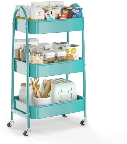 EAGMAK 3 Tier Utility Rolling Cart, Metal Storage Cart with Handle and Lockable Wheels, Multifunctional Storage Organizer Trolley with Mesh Baskets for Kitchen, Living Room, Office, Garage (Turquoise) by EAGMAK