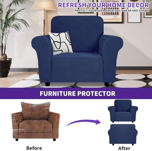 ZNSAYOTX Super Stretch Chair Slipcover (30"-47"), New Striped Sofa Chair Covers for Living Room, Dogs Pet Friendly Anti-Slip Chair Protector Spandex Armchair Slipcovers (Navy Blue, Chair) - Image 2