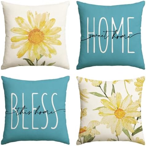 AVOIN colorlife Home Sweet Home Spring Summer Flowers Yellow Throw Pillow Covers, 18 x 18 Inch Blue Cushion Case for Sofa Couch Set of 4 by AVOINcolorlife