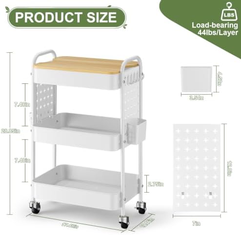 3 Tier Rolling Cart with Table top, Metal Utility Cart with DIY Pegboard - Image 2