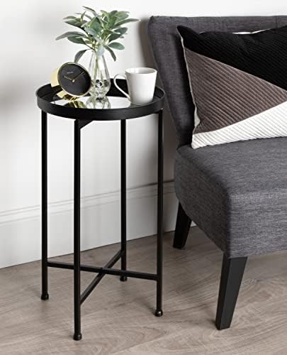 Kate and Laurel Celia Round Metal Foldable Accent Table with Mirror Tray Top, Black - Image 2