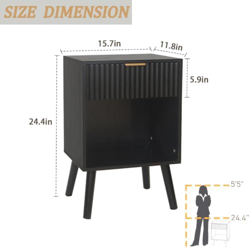 Fultyle Black Fluted Nightstand, Modern Bedside Table with Drawer and Shelf - Image 3
