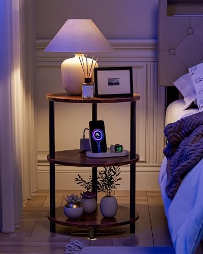 Small Round Side Table - 3-Tier Oval Accent Table for Small Spaces, Rustic Wood and Metal Nightstand for Living Room or Bedroom, with Built-in USB Ports and Power Outlet, Rustic Brown - Image 5