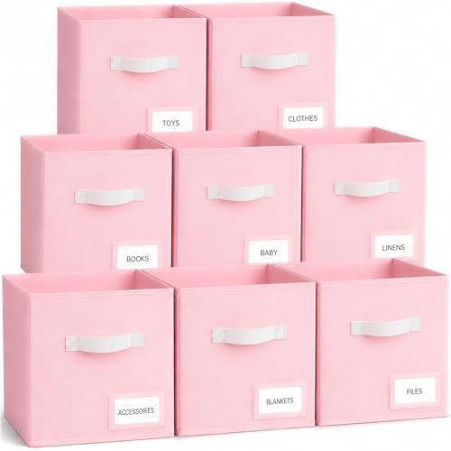 Storage Cubes 8 Pack, 11 Inch Fabric Storage Cubes Organizer Bins with Labels, Odor-Free & Sturdy PP Structure, Cubby Baskets for Closet, Shelves, Toys & Nursery ( Pink) by Unknown