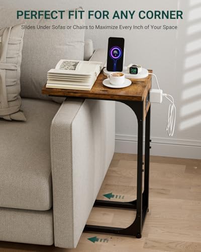 C-Shaped Side Table for Couch - Small Coffee Stand Sofa Tray Desk with Metal Frame Waterproof Scratch Resistant Wood Top and Built-in Charging Station, Rustic Brown - Image 5