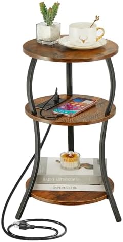 YEAKOO Small Side Table with Charging Station,3-Tier Round end Table by YEAKOO