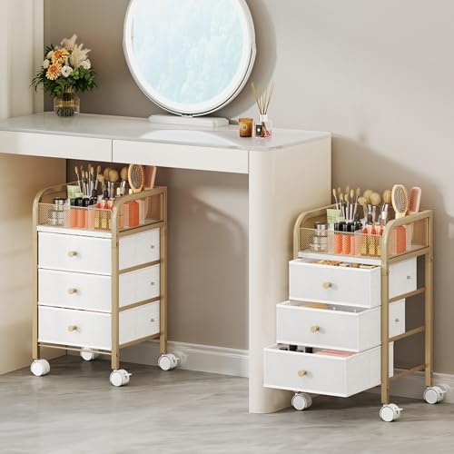 SWTYMIKI Rolling Makeup Organizer Cart - Under Desk Vanity Makeup Storage with 3 Non-woven Drawers, Nail Cart Organizer Cosmetic Display Cases Cabinet for Skin Care Perfume Nail Polish Brush Hair Tool by SwtyMiki-TidyHomeSweetLife