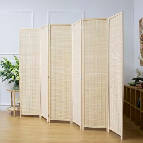 6 Panel Bamboo Room Divider Screen,5.6 FT Tall Bamboo Divider Folding Privacy Screen,Freestanding Panel Divider for Room Seperation,Beige by PawlaBay