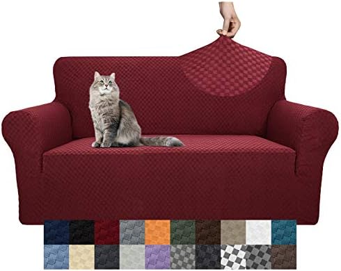 YEMYHOM Couch Cover Latest Jacquard Design High Stretch Sofa Covers for 2 Cushion Couch, Pet Dog Cat Proof Loveseat Slipcover Non Slip Magic Elastic Furniture Protector (Loveseat, Christmas Wine Red) by YEMYHOM