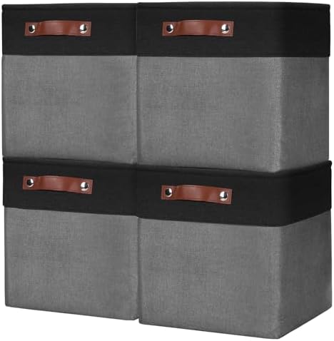 Bagnizer Collapsible Fabric Storage Cubes 11x11 Cube Storage Bins, 4 Pack Closet Baskets Box with Handles for Organizing, Shelf, Toys, Clothes, Home, Office, Nursery (Grey&Black) by Bagnizer