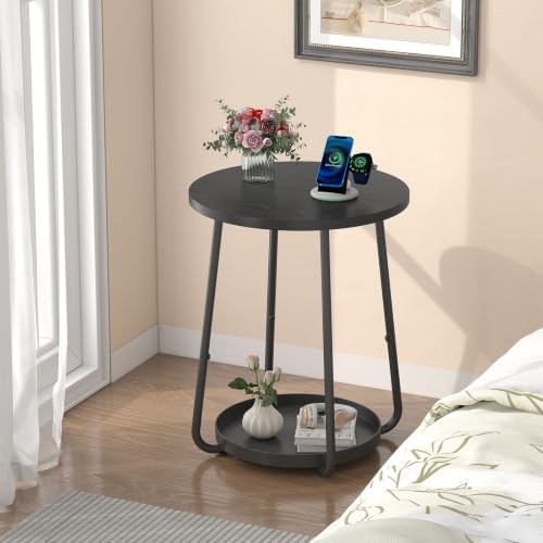 sthmec Small Round Side End Table with Storage, 2 Tier Round Bedside Sofa Couch Coffee Tables with Tray, Metal Nightstand for Small Spaces, Living Room Bedroom, Black - Image 5
