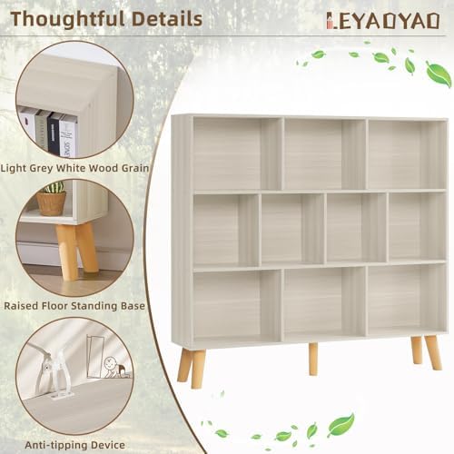 LEYAOYAO 10 Cube Bookshelf,Mid-Century Modern Bookcase with Legs,Light Grey - Image 4