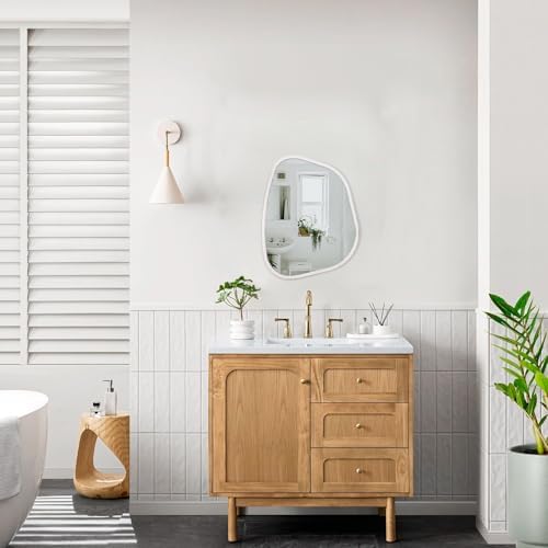 White Irregular Bathroom Mirror Modern Oval Wall Mirror Asymmetrical Wooden Framed Wall Mirror Unique Shape Wall Mounted Vanity Artistic Mirror Decor for Living Room Bedroom Entryway Small 14"x10" - Image 6