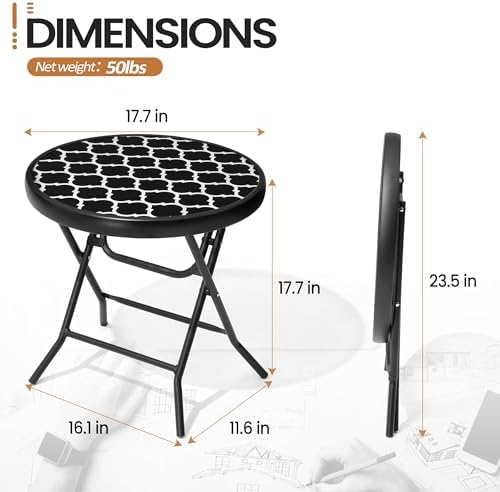 Foldable Side Table with Tempered Glass Top, Black & White - Image 2