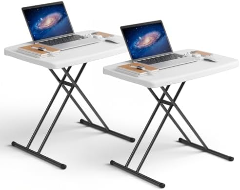 Folding Table 30 Inch -2Pack, Small Desk Adjustable Height TV Tray for Laptop, Couch, Camping - Heavy Duty Utility Foldable Table for Small Spaces, No Assembly Required, White Granite by FoldingFurniture